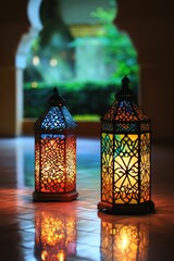 Wall Mural - Illuminated lanterns, colorful glass, ornate designs, peaceful ambiance.