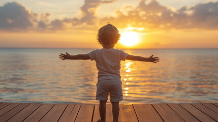 Rearview of a little toddler boy with spread arms walking on a wooden deck towards the sunset over the sea or ocean water. child happiness, infant kid at summer holiday or vacation alone.