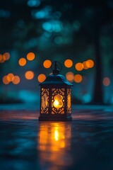 Wall Mural - Illuminated lantern, dark background, blurry lights.