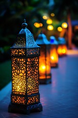 Wall Mural - Ornate lanterns illuminate pathway; warm glow.