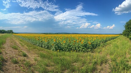 Panoramic view of a vast sunflower field under a bright blue sky with fluffy clouds.