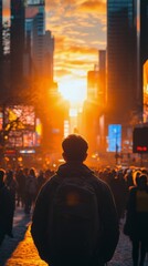 Poster - Stunning sunset view over a bustling city as a person stands on a rooftop admiring the vibrant colors of the sky