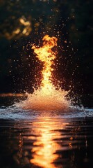 Poster - Water and fire element collide creating a stunning display of artistic sculpture at night with vibrant colors