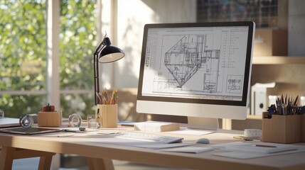 Leinwandbilder - Modern engineering desk with detailed plans and creative workspace for innovative design projects in bright environment. Generative AI