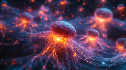 Poster - Intricate Neural Network Transmitting Neurotransmitters with Glowing Synapses