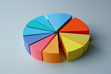 Poster - Colorful 3d pie chart is standing on a blue surface, representing market share division and business success