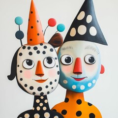 Two whimsical, colorful figures; polka dots, cones.