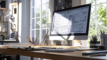 Aufkleber - Modern engineering desk featuring blueprints and tools in a bright workspace designed for creativity and productivity. Generative AI