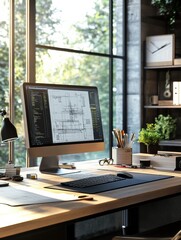 Poster - Modern engineering desk with computer and tools in a bright workspace surrounded by greenery. Generative AI