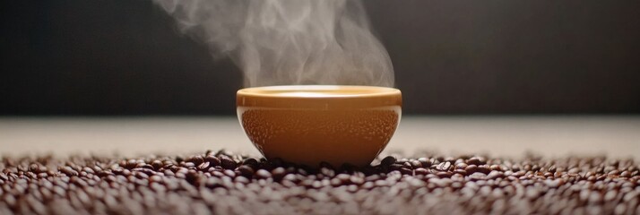 Leinwandbilder - Close up of steaming cup of coffee surrounded by roasted coffee beans in a cozy setting. Generative AI