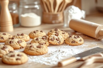 Aufkleber - Freshly baked cookies cooling on a kitchen countertop with rolling pin and baking supplies nearby. Generative AI