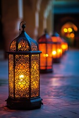 Wall Mural - Ornate lanterns illuminate a walkway at dusk.