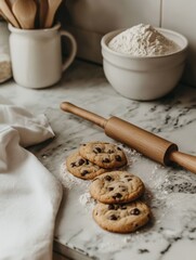 Aufkleber - Freshly baked cookies on a kitchen countertop surrounded by baking tools and ingredients in a cozy home setting. Generative AI