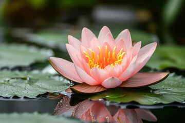 Wall Mural - Beautiful pink lotus flower blooming on serene water surface surrounded by green lily pads in a tranquil pond