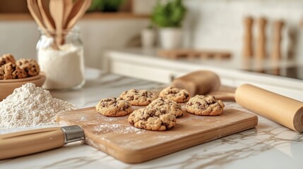 Aufkleber - Freshly baked cookies cooling on a wooden countertop in a cozy kitchen with a rolling pin and baking ingredients. Generative AI