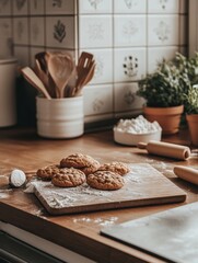 Aufkleber - Freshly baked cookies cooling on a wooden countertop in a cozy kitchen with rustic decor and baking tools. Generative AI