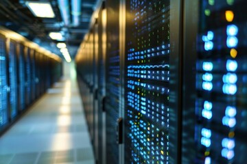 Poster - Server room equipment blinking lights showing data processing activity
