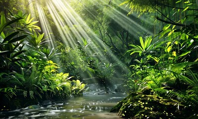 Wall Mural - sunlight beams through lush green forest with small stream