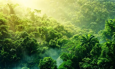 Wall Mural - lush green forest canopy bathed in sunlight with morning mist