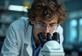 Poster - A young scientist intently examines a sample under a microscope in a laboratory setting.