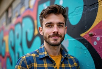 Wall Mural - A young man with a beard smiles gently, standing before a vibrant graffiti wall.