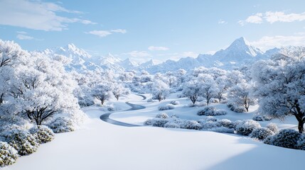 Canvas Print - Serene winter landscape with snow-covered trees and winding river, majestic mountains in background.