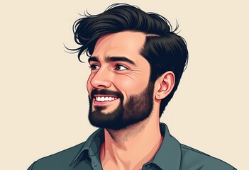 Wall Mural - A smiling man with dark hair and beard, vector art illustration.