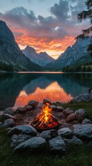 Canvas Print - Campfire by the lake reflecting mountains at sunset in a serene nature setting