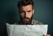 © Vibudhaart - A bearded man with a serious expression looks over a crumpled piece of paper, showing contemplation or concern.
