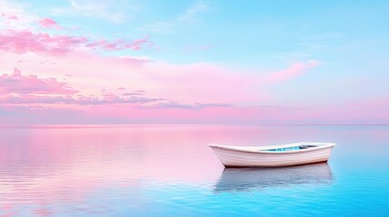 Sticker - Serene pastel sunrise over calm ocean with small white boat.