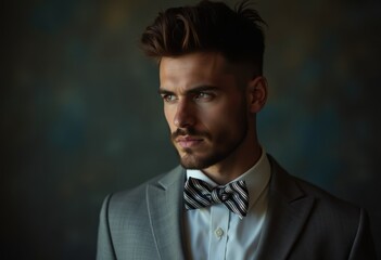 Wall Mural - A handsome man with styled hair, wearing a grey suit and a black and white striped bow tie, gazes thoughtfully.