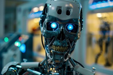 Poster - Realistic futuristic cyborg showing artificial intelligence glowing in server room