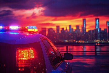 Poster - Stunning sunset view of a cityscape with a police car on a bridge showcasing vibrant colors and urban life