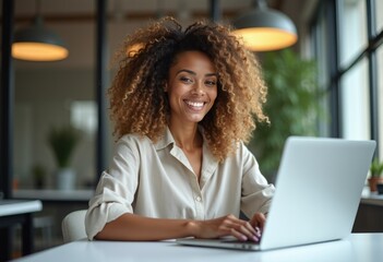 Poster - A smiling woman with curly hair works on her laptop in a modern office.