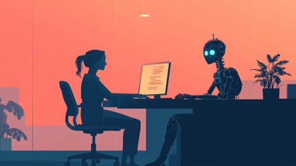 Fototapete - Collaboration between human and robot at a desk while working on a project in a modern workspace. Generative AI