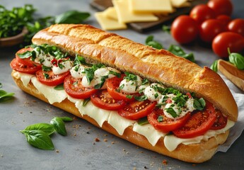 Sticker - Freshly prepared sandwich with tomatoes, mozzarella, and basil on rustic table with cheese and herbs