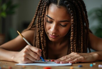 A young woman with braids meticulously paints tiny colorful details onto a piece of paper.