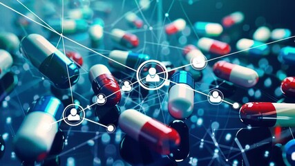 Poster - connecting capsules illustrating big data analysis in pharmaceutical research, visualizing innovatio
