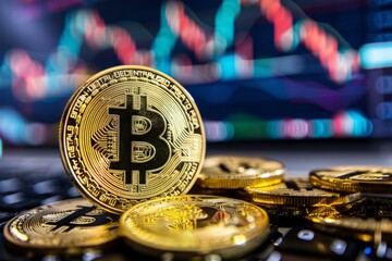 Poster - Golden bitcoin coins are lying on a computer keyboard with a blurred stock market chart in the background showing growth trends