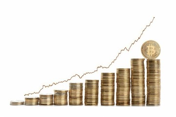 Poster - Increasing stacks of gold coins with a cryptocurrency coin on top and a growth graph representing the concept of a bull market