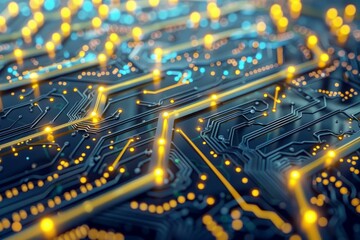 Fototapete - Close up view of an electronic circuit board with glowing energy paths, visualizing data transfer and processing