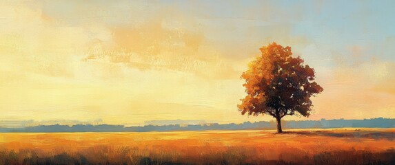 Poster - Sunset over a golden field with a solitary tree standing gracefully in the fading light and serene landscape of