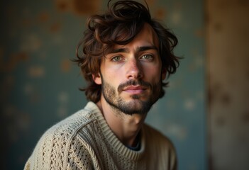 Wall Mural - A young man with curly brown hair and a beard, wearing a beige sweater, gazes intently at the camera.