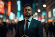 © Vibudhaart - A businessman in a suit stands confidently in a bustling city at night, illuminated by neon lights.