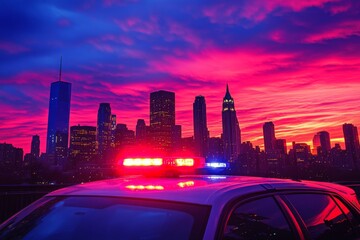 Poster - Stunning sunset view of a cityscape with a police car on a bridge showcasing vibrant colors and urban life