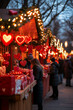 © stanhert - A couple of people standing in front of a market stall with red hearts hanging from it