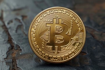 Poster - Close up shot of a golden bitcoin cryptocurrency coin is lying on a dark stone surface