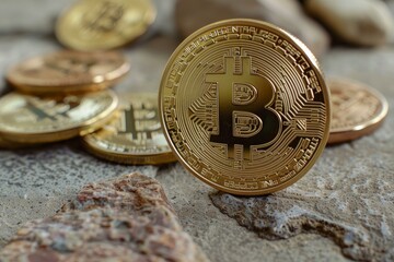 Poster - Gold bitcoin cryptocurrency coin standing on edge between pile of other coins on stone background