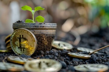 Poster - Small plant growing from soil in a pot with a cryptocurrency coin leaning on it and many others scattered around