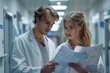 © S photographer - Two healthcare professionals discussing patient charts in a modern hospital corridor, focused and collaborative.
